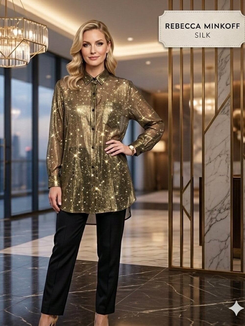 NWOT Rebecca Minkoff Women L Silk Metallic Tunic Gold Thread Buttons Glam Luxury